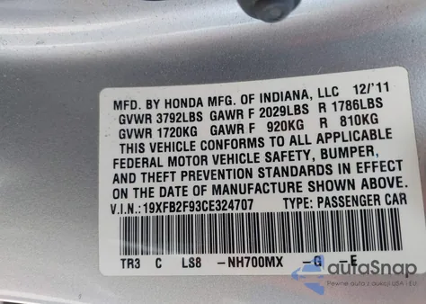 2012 Honda Civic Ex-L из США, поврежденный, VIN 19XFB2F93CE324707